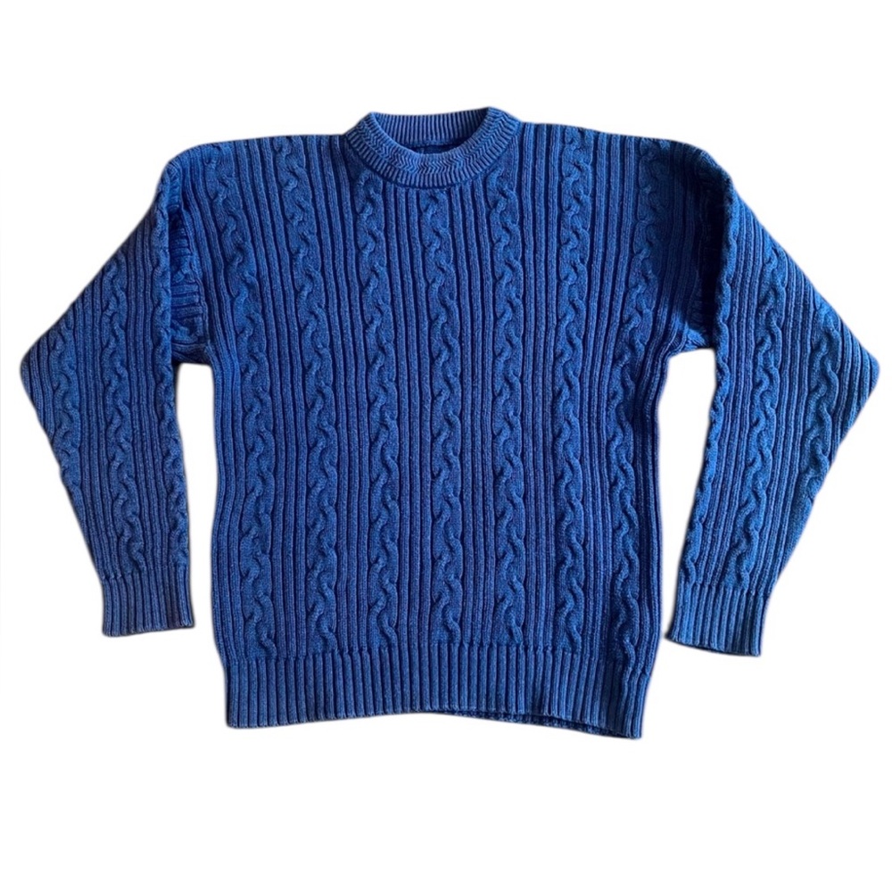 80s-90'S Eddie Bauer Black Tag | Blue Cotton Knit‎ Sweater Men's L Vintage